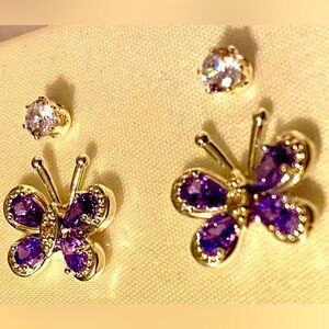3J: 2 Pc: RADIANCE Earrings: 1 Purple & Butterfly & 1 Pair: Stud, NIB